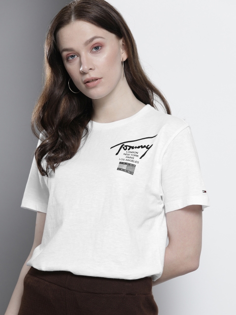 

Tommy Hilfiger Women White Brand Logo Printed Pure Cotton T-shirt