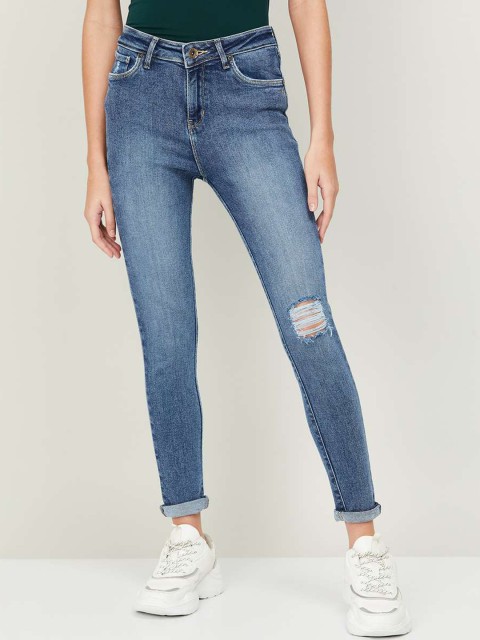 

Xpose Women Blue Comfort Slim Fit High-Rise Low Distress Heavy Fade Stretchable Jeans