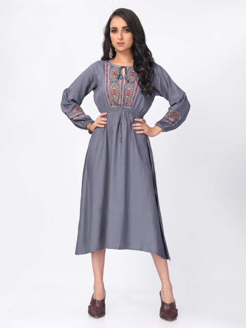 

Fashion FRICKS Grey Embroidered Tie-Up Neck Midi Dress