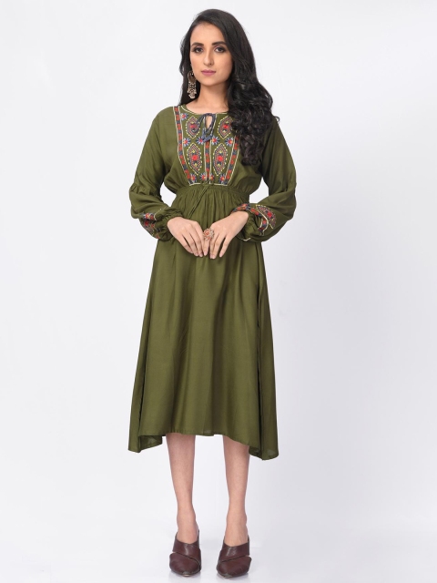 

Fashion FRICKS Green & Red Ethnic Motifs Embroidered Tie-Up Neck Midi Dress