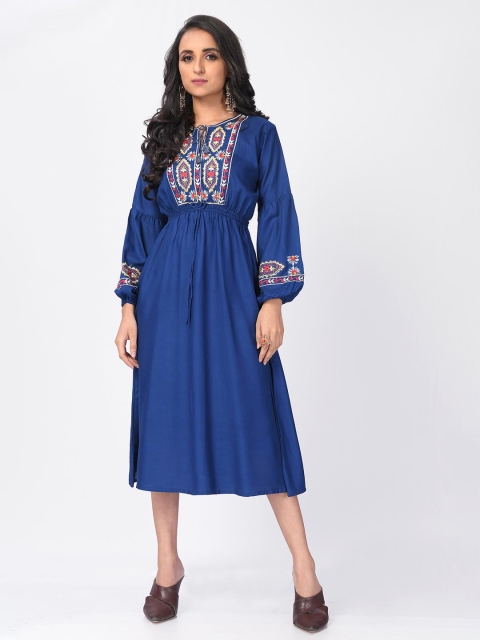 

Fashion FRICKS Women Blue & White Ethnic Motifs Tie-Up Neck Fit & Flare Dress