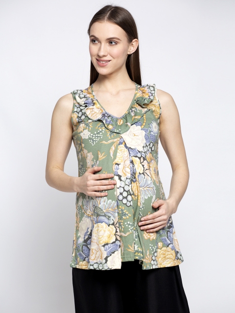 

Tiara Green & White Floral Print Ruffles Maternity Nursing Top