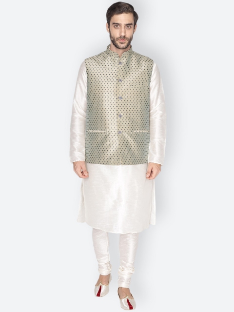 

NAMASKAR Men Off-White & Cream-Coloured Dupion Silk Kurta with Churidar & Nehru Jacket