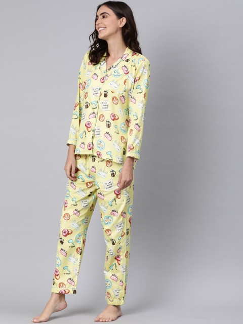 

Pyjama Party Women Yellow & Blue Conversational Printed Pure Cotton Night suits