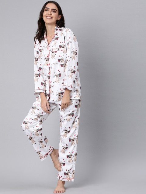 

Pyjama Party Women White & Red Printed Pure Cotton Night suit