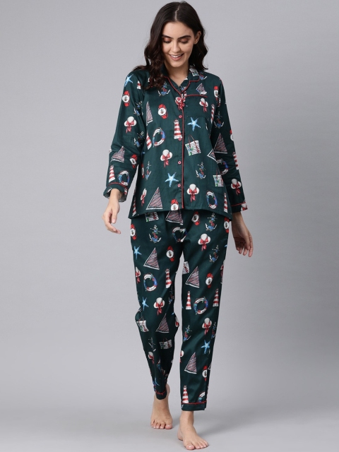 

Pyjama Party Women Green & Blue Printed Pure Cotton Night suit