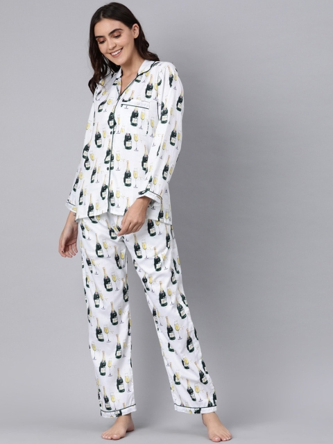 

Pyjama Party Women White & Green Printed Night suit