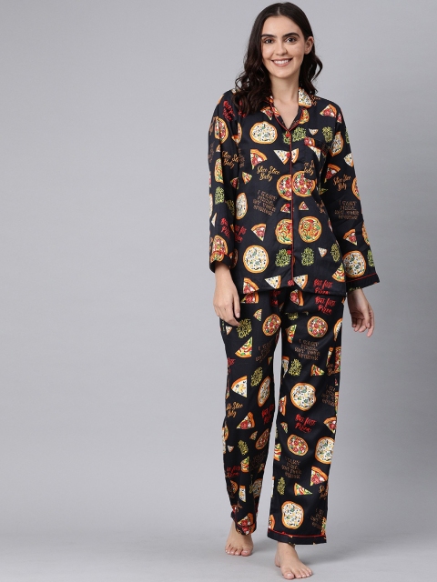 

Pyjama Party Women Black & Red Pizza Printed Night Suit
