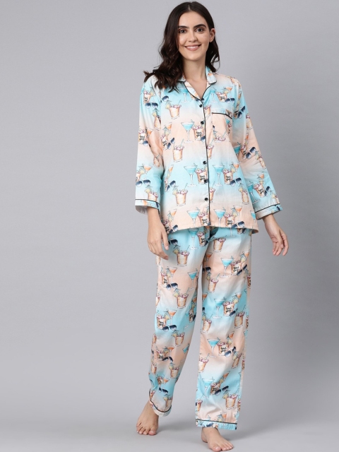 

Pyjama Party Women Blue & Pink Printed Night suit