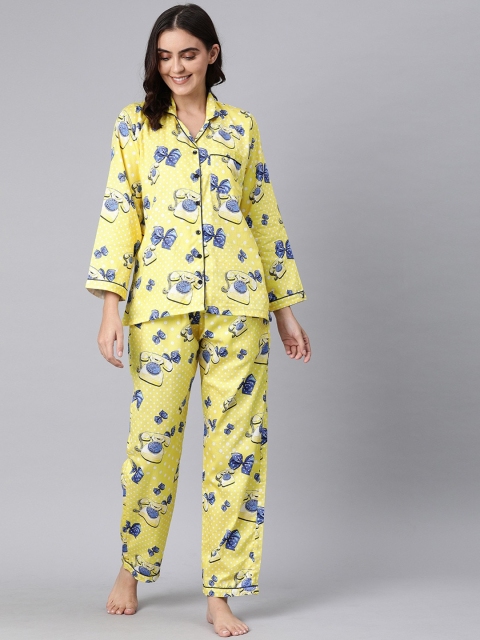 

Pyjama Party Women Yellow & Blue Printed Pure Cotton Night Suit