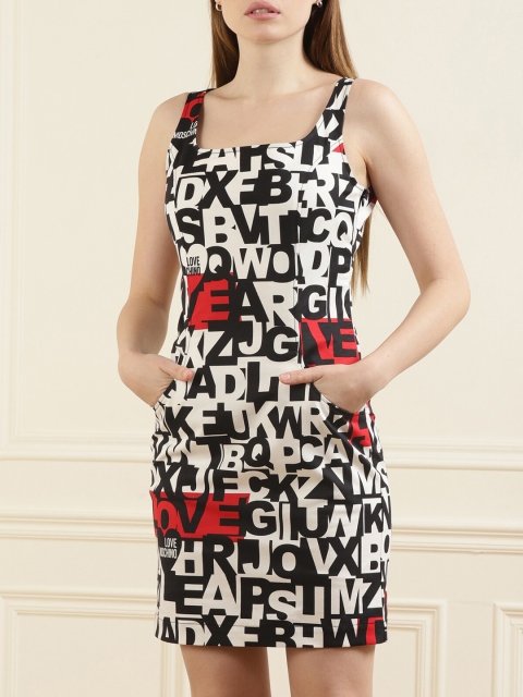 

LOVE MOSCHINO Black & White Cotton Printed Sheath Dress