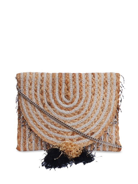 

FABBHUE Beige Textured Swagger Jute Sling Bag with Tassells
