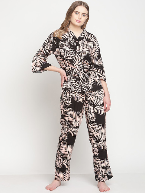 

Twenty3 Women Black & Peach-Coloured Palm Leaf Printed Night suit