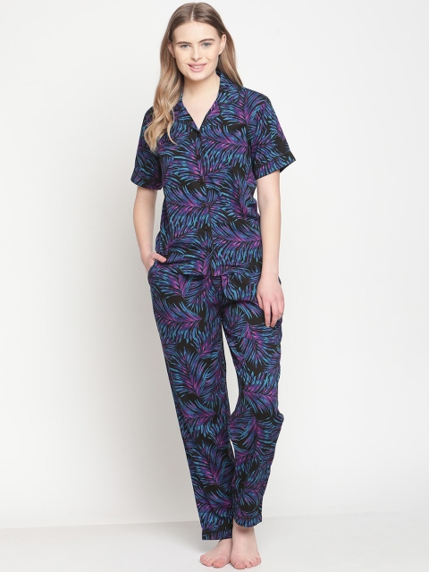 

Twenty3 Women Black & Purple Printed Night Suit