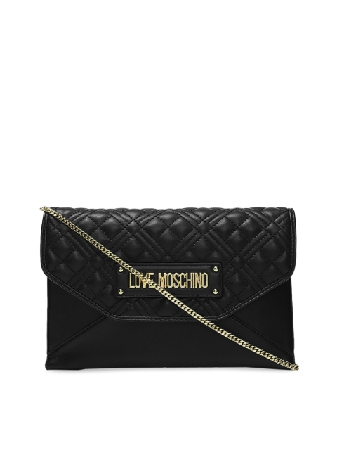 

LOVE MOSCHINO Black Textured Leather Structured Sling Bag with Quilted