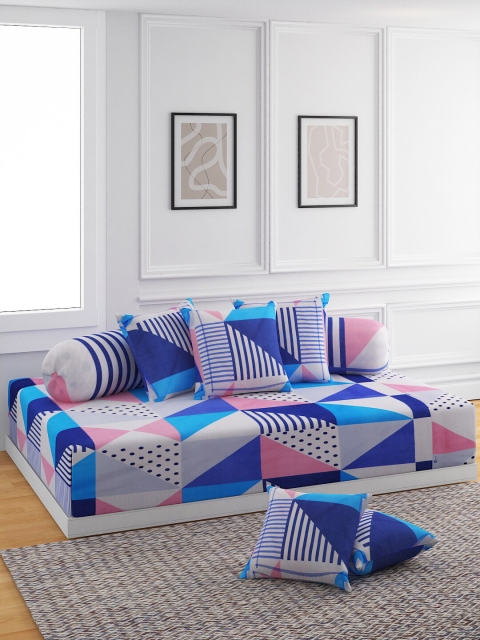 

ROMEE Blue & Pink Set of 8 Geometric Printed Diwan Set