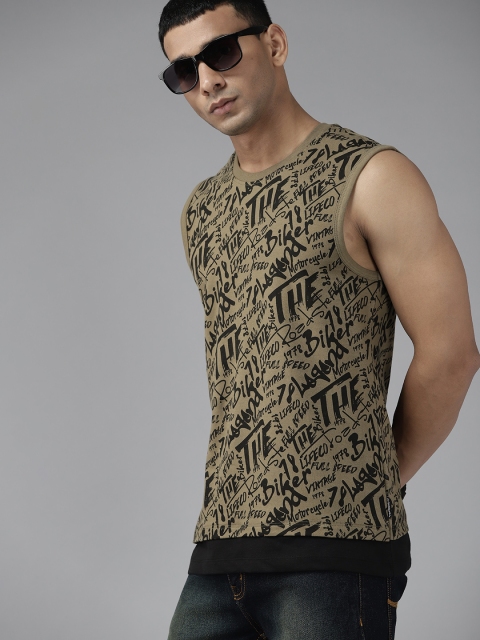 

Roadster Men Olive Green & Black Pure Cotton Printed T-shirt