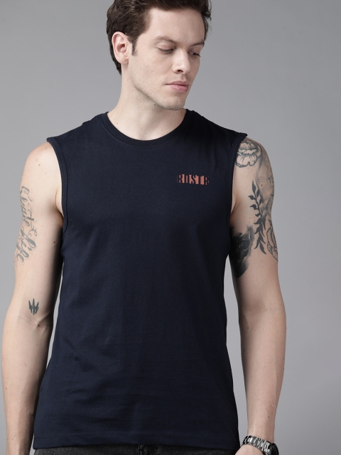 

Roadster Men Navy Blue Typography Printed Pure Cotton T-shirt