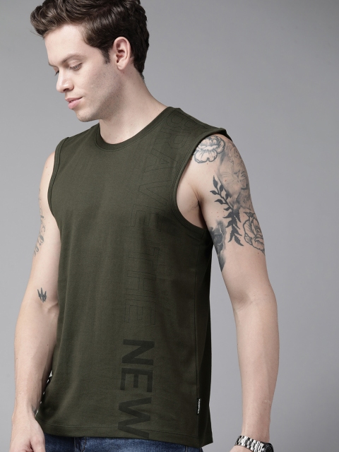 

Roadster Men Olive Green Typography Printed Pure Cotton T-shirt