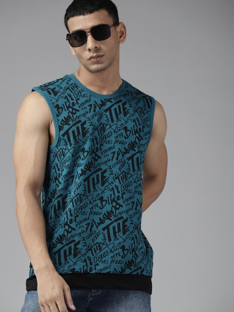 

Roadster Men Teal Blue & Black Pure Cotton Printed T-shirt