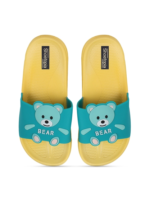 

Shoetopia Unisex Kids Yellow & Teal Printed Rubber Sliders