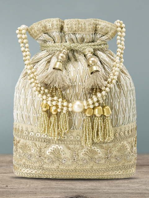 

Peora Cream-Coloured & Gold-Toned Embroidered Potli Clutch