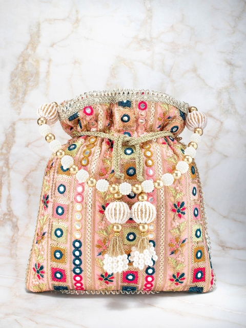 

Peora Peach-Coloured & Blue Embellished Potli Clutch