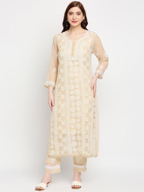 

Indiankala4u Women Beige Floral Embroidered Kurta with Trousers