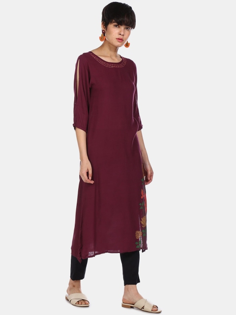 

Anahi Women Burgundy Printed Cold-Shoulder Sleeves Thread Work Kurta