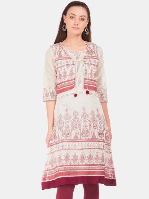 

Anahi Women Off-White & Red Ethnic Motifs Printed Kurta with Waistcoat