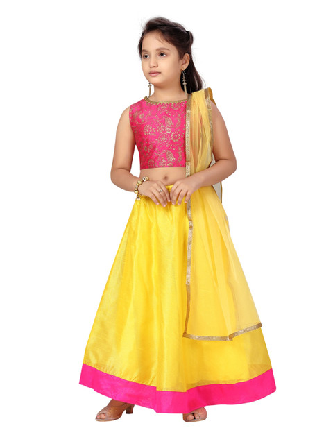 

Aarika Girls Pink & Yellow Printed Ready to Wear Lehenga Choli With Dupatta