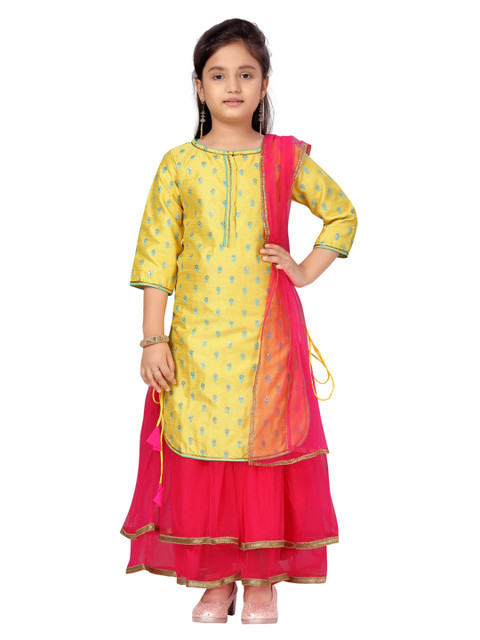 

Aarika Girls Yellow & Fuchsia Embellished Ready to Wear Lehenga & Blouse With Dupatta
