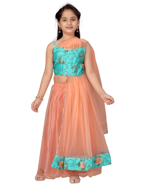 

Aarika Girls Sea Green & Peach-Coloured Embellished Ready to Wear Lehenga & Blouse With Dupatta