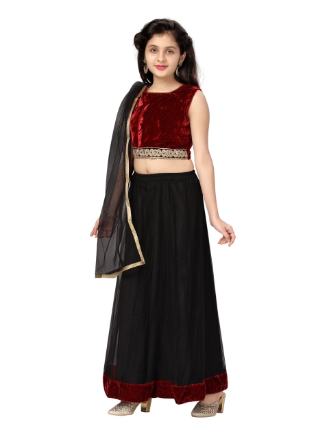 

Aarika Girls Maroon & Black Embellished Ready to Wear Lehenga & Blouse With Dupatta