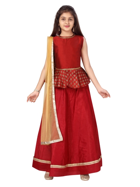 

Aarika Girls Maroon & Beige Printed Ready to Wear Lehenga & Blouse With Dupatta