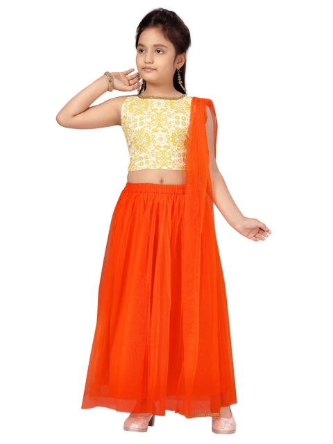 

Aarika Girls Cream-Coloured & Orange Printed Ready to Wear Lehenga & Blouse With Dupatta