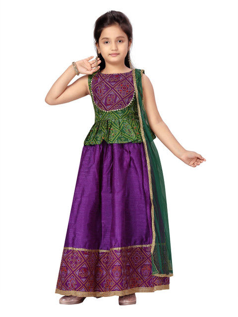 

Aarika Girls Green & Purple Printed Ready to Wear Lehenga & Blouse With Dupatta