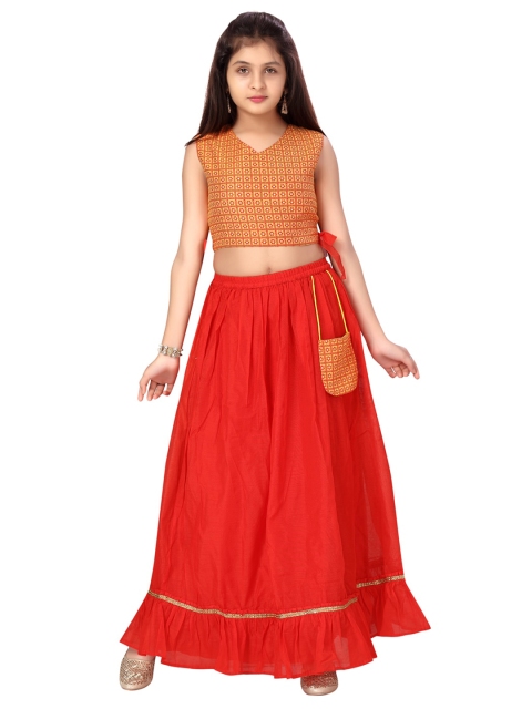 

Aarika Girls Mustard & Red Printed Ready to Wear Lehenga Choli