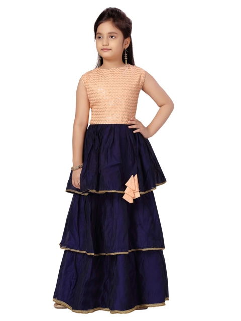 

Aarika Girls Peach-Coloured & Navy Blue Printed Ready to Wear Lehenga &