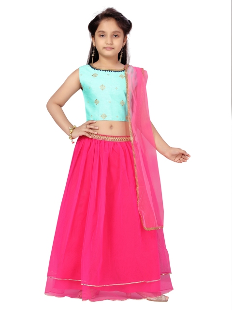 

Aarika Girls Turquoise Blue & Pink Embroidered Ready to Wear Lehenga Choli With Dupatta