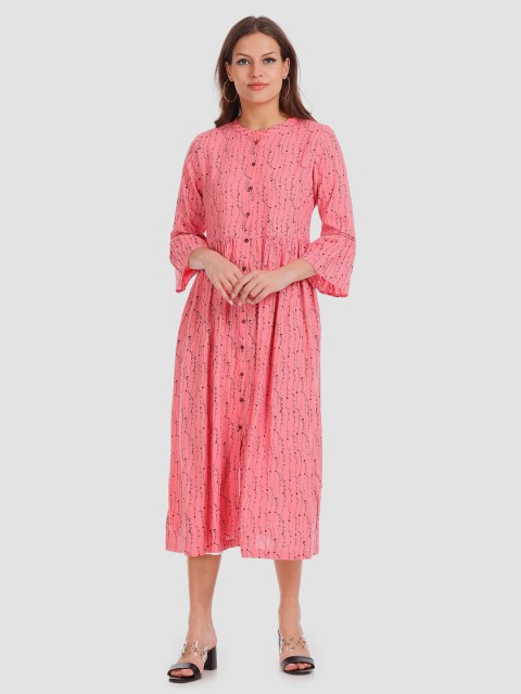 

Karigari Women Pink & Black Printed Midi Dress