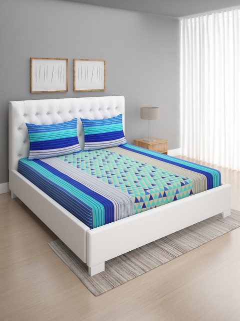 

ROMEE Turquoise Blue & Sea Green Geometric 144 TC Queen Bedsheet with 2 Pillow Covers