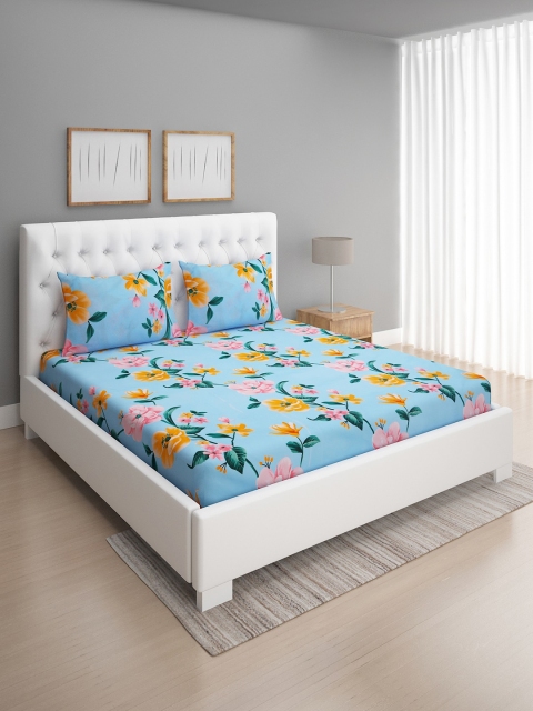 

ROMEE Blue & Yellow Floral 144 TC Queen Bedsheet with 2 Pillow Covers