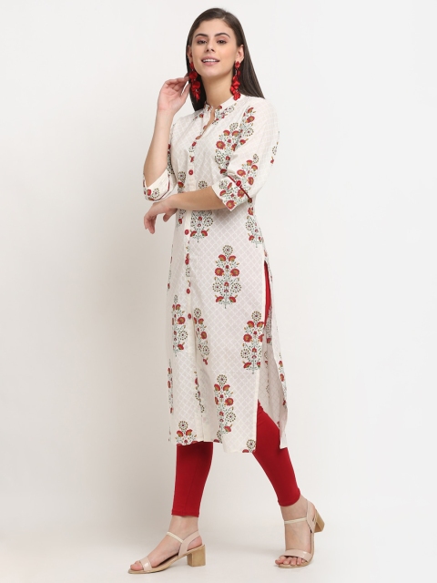 

Jinfo Women White & Red Floral Printed Organic Cotton Kurta