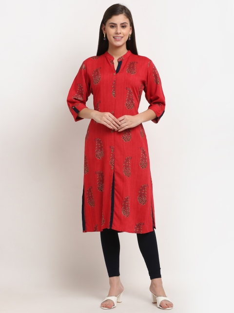 

Jinfo Women Red Floral Printed Straight Kurta