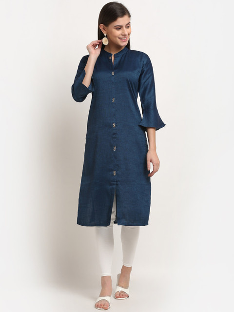 

Jinfo Women Blue Bell Sleeves Cotton Silk Kurta