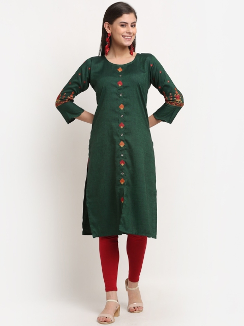 

Jinfo Women Green Embroidered Straight Kurta