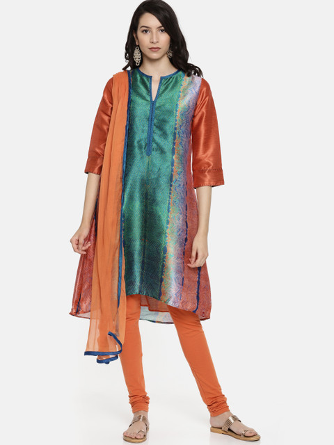 

Biba Women Orange & Green Printed Kurta with Churidar & Dupatta