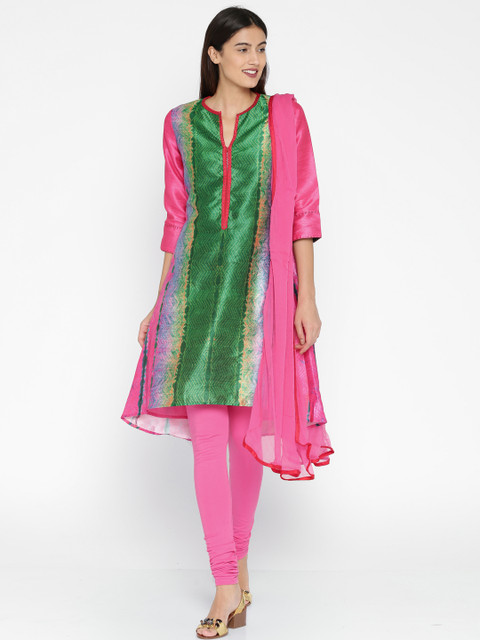 

Biba Women Pink & Green Printed Kurta with Churidar & Dupatta