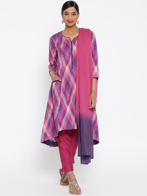 

Biba Pink & Purple Printed A-Line Kurta with Trousers & Dupatta